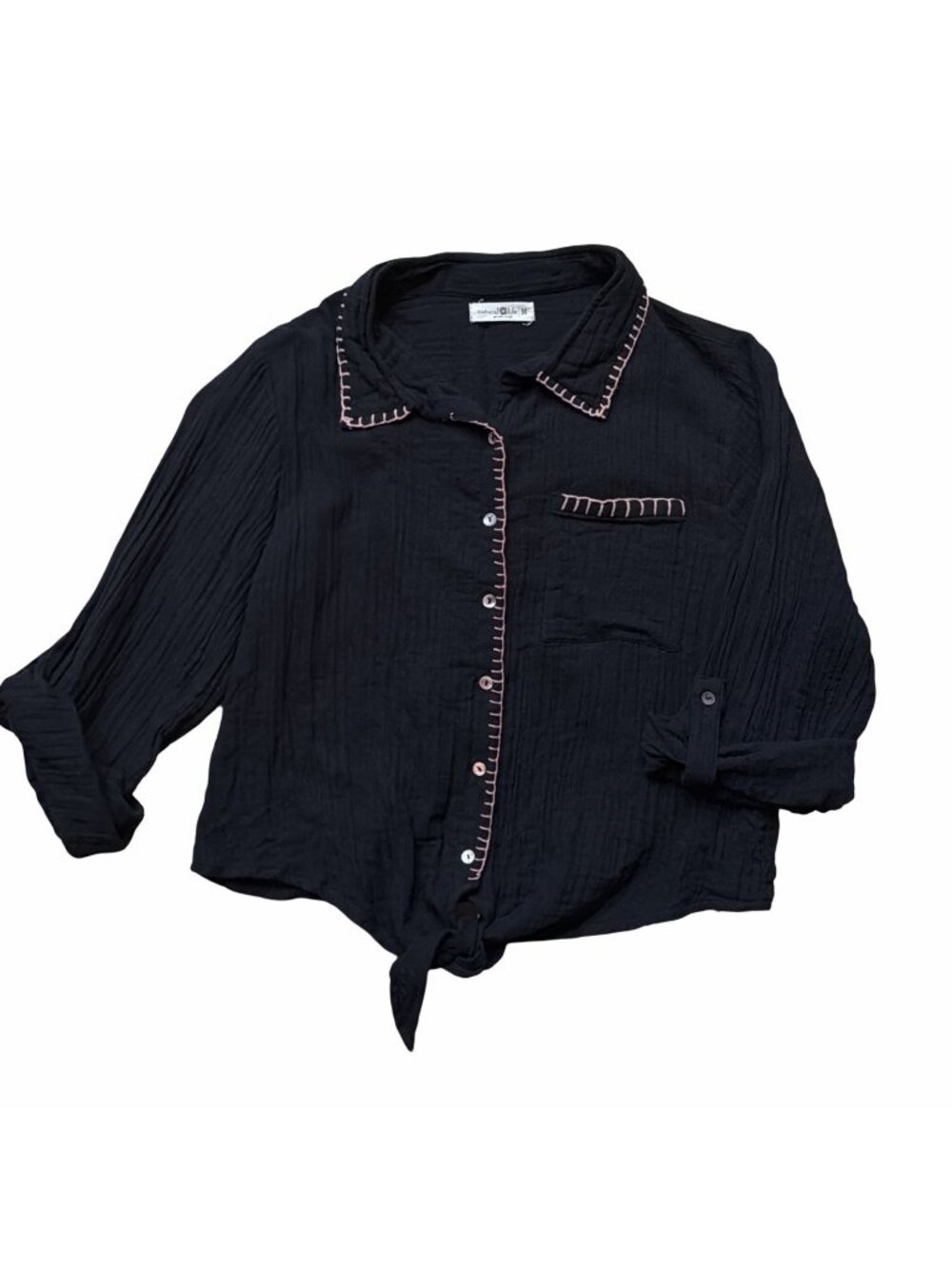 Natural Life Lola Tie Front Roll Tab Sleeve Shirt Cotton Gauze Black Medium Boho